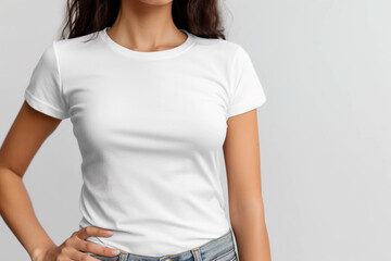 Neutral setting, girl in blank monochrome t-shirt for branding display. Generative Ai.