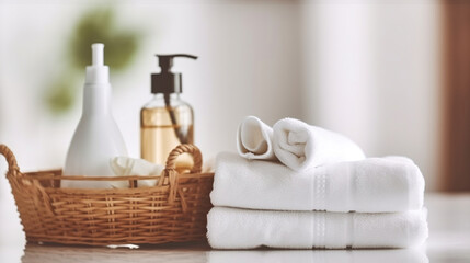 Obraz na płótnie Canvas Liquid soap bottle, white towel on basket in bathroom. Close up, Generative AI