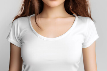Branding scenario, girl in blank t-shirt, neutral backdrop, monochrome theme. Close-up Generative Ai.