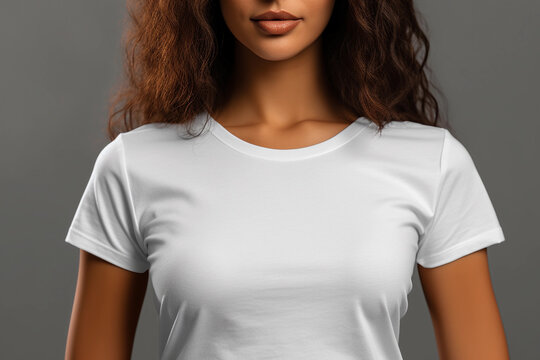White t-shirt mockup on black woman, body closeup. Generative Ai.