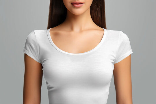 Close-up, white t-shirt mockup on woman. Sexy women Generative Ai.
