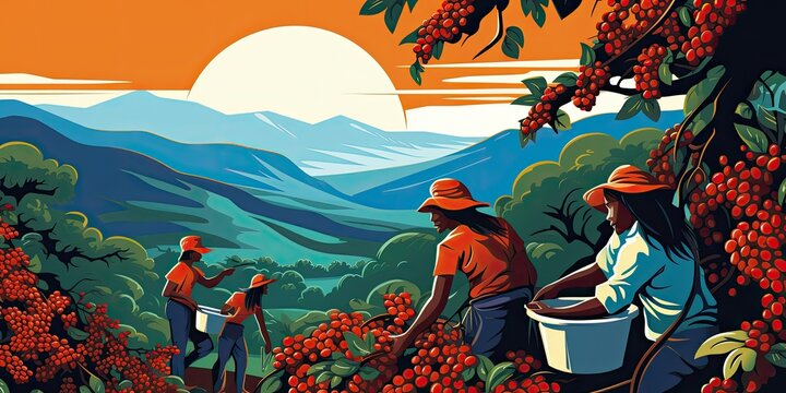 joyful Coffee Pickers Harvest Ripe Red Berries with Delight" - This illustration depicts happy coffee pickers  Coffee Farmers  Generative AI Digital Illustration