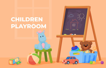 Various children toys are soft and plastic. Colorful toys for children room. Games for boys and girls. Vector illustration