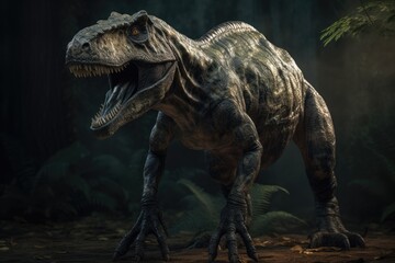 Full body view of Tyrannosaurus against a prehistoric forest. Dinosaur filmic and realistic illustration. 