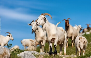 Fototapeta premium Herd of domestic mountain goats grazing on green grassy rocky hill in countryside with blue sky. Generative AI