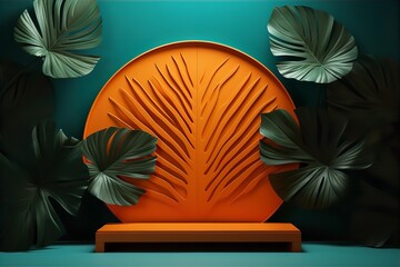 Summer themed tropical podium for display product. Background for cosmetic product branding, identity and packaging. Generative AI