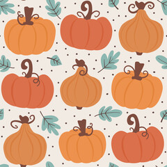 Cute hand drawn autumn fall season seamless vector pattern background illustration with pumpkins and leaves