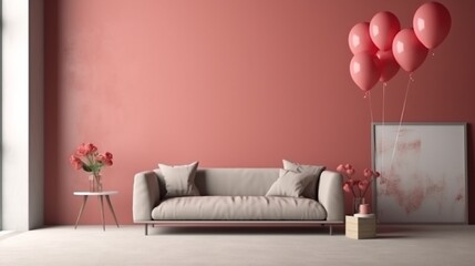 Mockup frame in the valentine's room with have sofa and home decor for valentine's day. Generative AI.