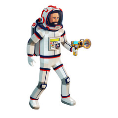 3D astronaut in a spacesuit with a laser pistol in hand. Spaceman with a ray gun in low-poly style. 3D isolated illustration.