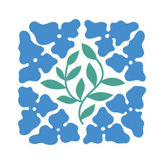 Modern trendy vector wall art with blue wavy flowers, leaves for poster, card, stamp. Organic doodle shapes in trendy naive retro style