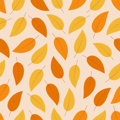 Falling leaves. Autumn leaves are drawn on a colored background. Seamless pattern for textiles, wallpapers, gift wrap and album. Vector illustration.