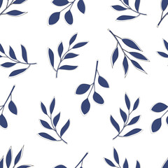 Seamless blue leaf, branch pattern drawing. Blue ivy leaf, classic beautiful garden ornament for fabric design. Decorative, textile, wrapping paper, wallpaper. Vector seamless illustration