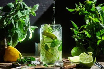 Cold lemonade with lime and cucumber .Cocktail
