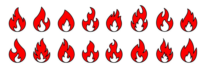 Fire icon. Fire icon set. Fire flame symbol. Bonfire silhouette. Flames symbols set flat style.