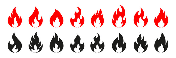Fire icon. Fire icon set. Fire flame symbol. Bonfire silhouette. Flames symbols set flat style.