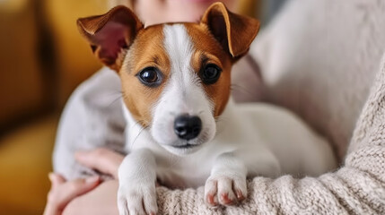 Unrecognizable woman wearing knitted sweater and mom jeans with cute doggy on her lap. Close up, Generative AI