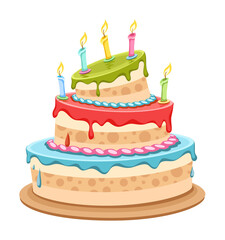 Sweet birthday cake with candles. Isolated on white background. PNG Illustration