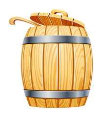 Wooden barrel with lid and spoon. PNG Illustration