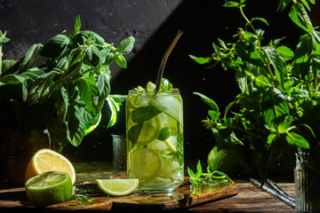Cold lemonade with lime and cucumber .Cocktail