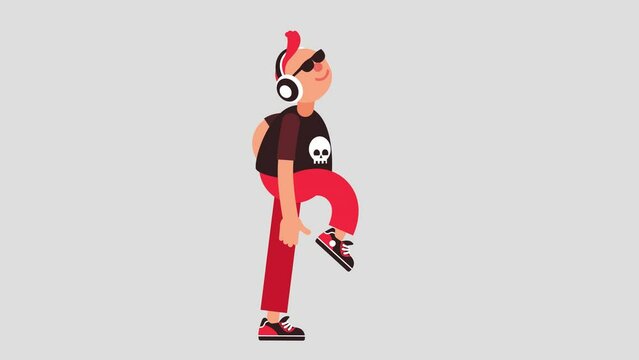 A young man wearing headphones is walking with a joyful stride to the rhythm of music - a cartoon looped animation