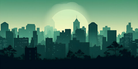 Vintage Green Buildings in Silhouette: Nostalgic Urban Charm