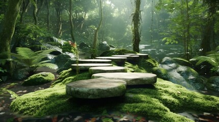 Stone platform in tropical green forest for product presentation. Generative AI.