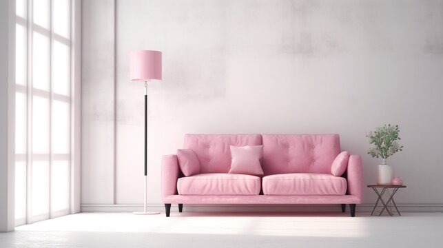 Scandinavian living room with pink sofa on empty white wall background. Generative AI.