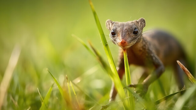 Soft focust of Attentive herpestes ichneumon animals peeking from green grass and looking away in prairie. Generative AI