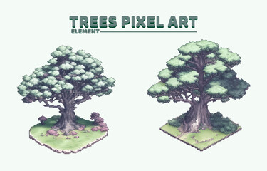 Tree pixel art design vector nature game assets 2d 8bit retro landscape grass illustration environment 