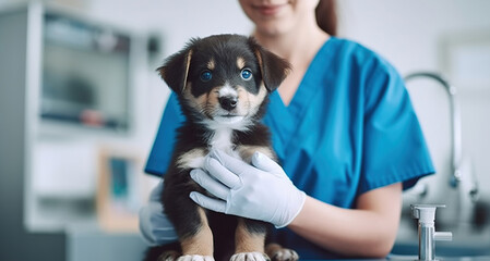 A Doctor's Affectionate Hug to Comfort a Puppy in a Modern Veterinary Clinic. Generative AI