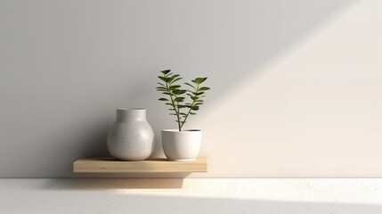Wall mockup with Vase and green plant, White wall and shelf. Generative AI.