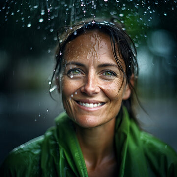 A female face, 40 years old, youthful, healthy complexion, happy, content expression, wet in the rain, visible raindrops, bright natural green colour palette, tropical mood, simple background