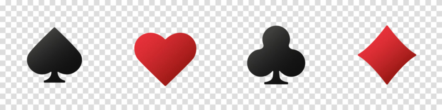 Hearts, clubs, diamonds and spades on an isolated transparent background. Set collection gambling sign symbol of playing card suits and chips for poker and casino.