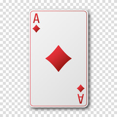 Obraz premium Realistic playing card for poker or blackjack. Ace of diamonds suit on a transparent background. Vector illustration.