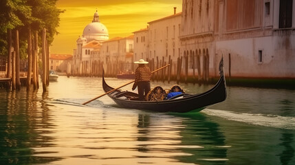 Venetian gondolier punting gondola through green canal waters of Venice Italy, Generative AI - obrazy, fototapety, plakaty