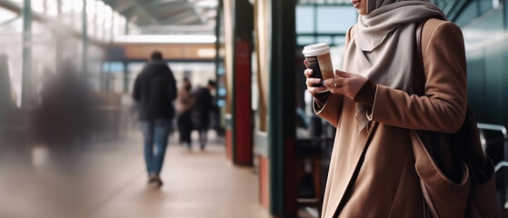 Stylish Muslim female in hijab, walking with takeaway coffee in train station and surfing Internet on mobile phone. Generative AI