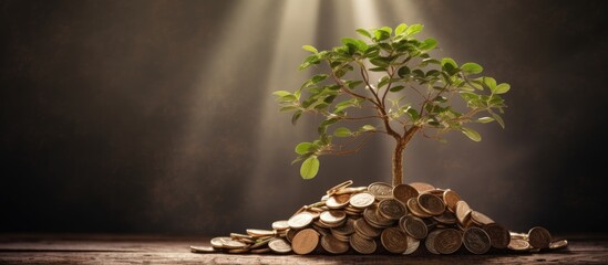 Coin tree on wooden surface with illuminated leaves, financial growth concept.
