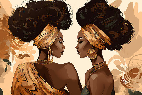 Abstract Poster, Wall Art Design With Beautiful Black Women, Cartoon, Poster, Paint, Luxury Gorgeous African Ladies With Exotic Hairstyles And Traditional Clothe, Created With Generative AI