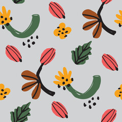 Seamless pattern with bold abstract flowers, hand drawn blossoms and leaves perfect for textiles, wallpaper, pattern fills, web page background, surface textures. Modern bold  floral background
