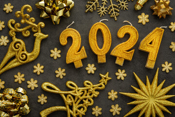 Merry Christmas and Happy New Year 2024, 2024 cake candles and various holiday decorative ornaments...
