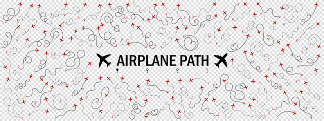Obraz premium Airplane or aeroplane routes path big set. Travel concept from start point and dotted line tracing. Aircraft tracking, flight plane path, travel, map pins, location. Vector illustration.