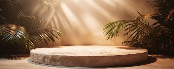 Pedestal made of stone in sand style. Palms. Setting sun, light and shadows. Empty space for the subject. Round shapes. Rough stone texture. AI generation.