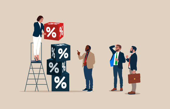 Woman and business people connect red and white cube with percentage symbol. Interest, financial and mortgage rates. Flat vector illustration