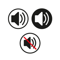  Iconos con el símbolo de volumen encendido y apagado sobre un fondo blanco liso y aislado. Vista de frente y de cerca. Copy space