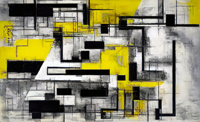 Informalism style abstract art background with a rough black, white and yellow rectangular blocks pattern