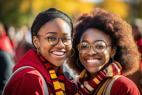 Generative AI image of positive young African American female friends with Afro hairstyle and in casual clothes standing against blurred background