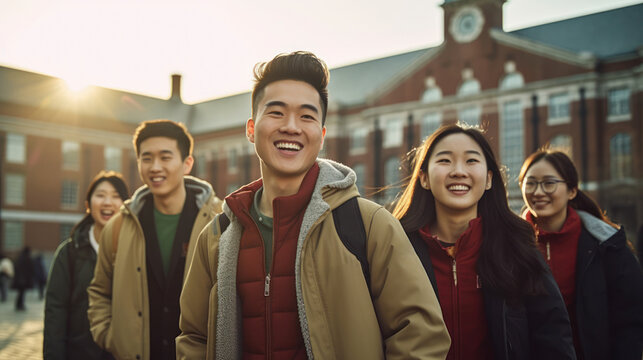 Generative AI image of happy young friends in warm clothes standing on blurred background against building