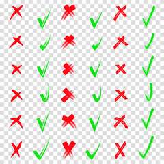 Yes and no. Red and green shape. Brush hand drawn doodle checkmarks and crosses set collection. Scribble, pen sketches. Pencil hand drawn checkmarks and little crosses. Transparent background.