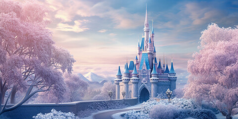 Magic Castle in a winter wonderland. Fantasy snowy landscape. Winter castle on the mountain, winter forest. 