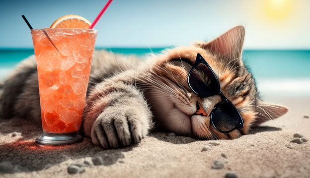 Gato con gafas tomando en refresco en la playa
